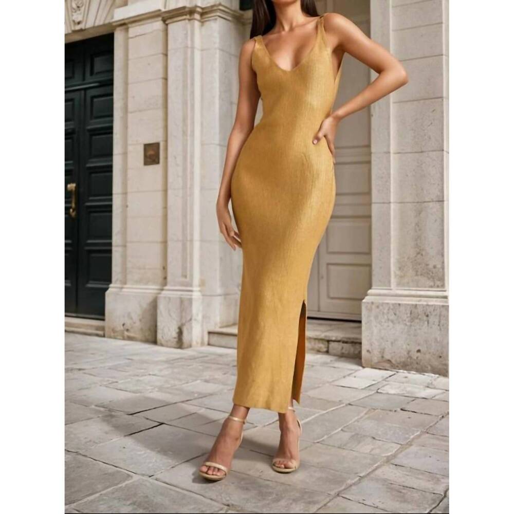 NEW DRESS FORUM metallic sweater knit maxi dress in gold
